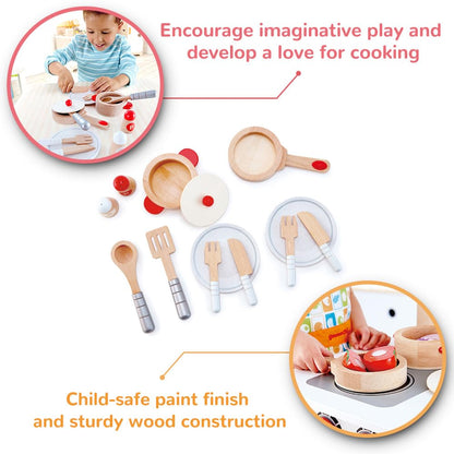 Hape Cook & Serve Set | 13 Piece Wooden Pretend Play Cooking Set with Accessories