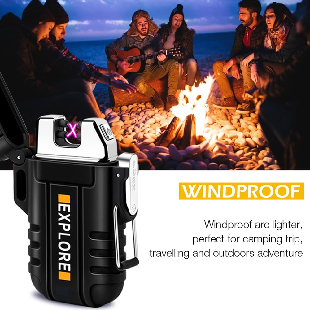 LcFun Waterproof Electric Lighter Windproof Dual Arc USB Rechargeable Flameless Plasma Lighters for Camping Hiking Survival Tactical Gear Stocking Stuffers Gifts for Men Fathers Husband