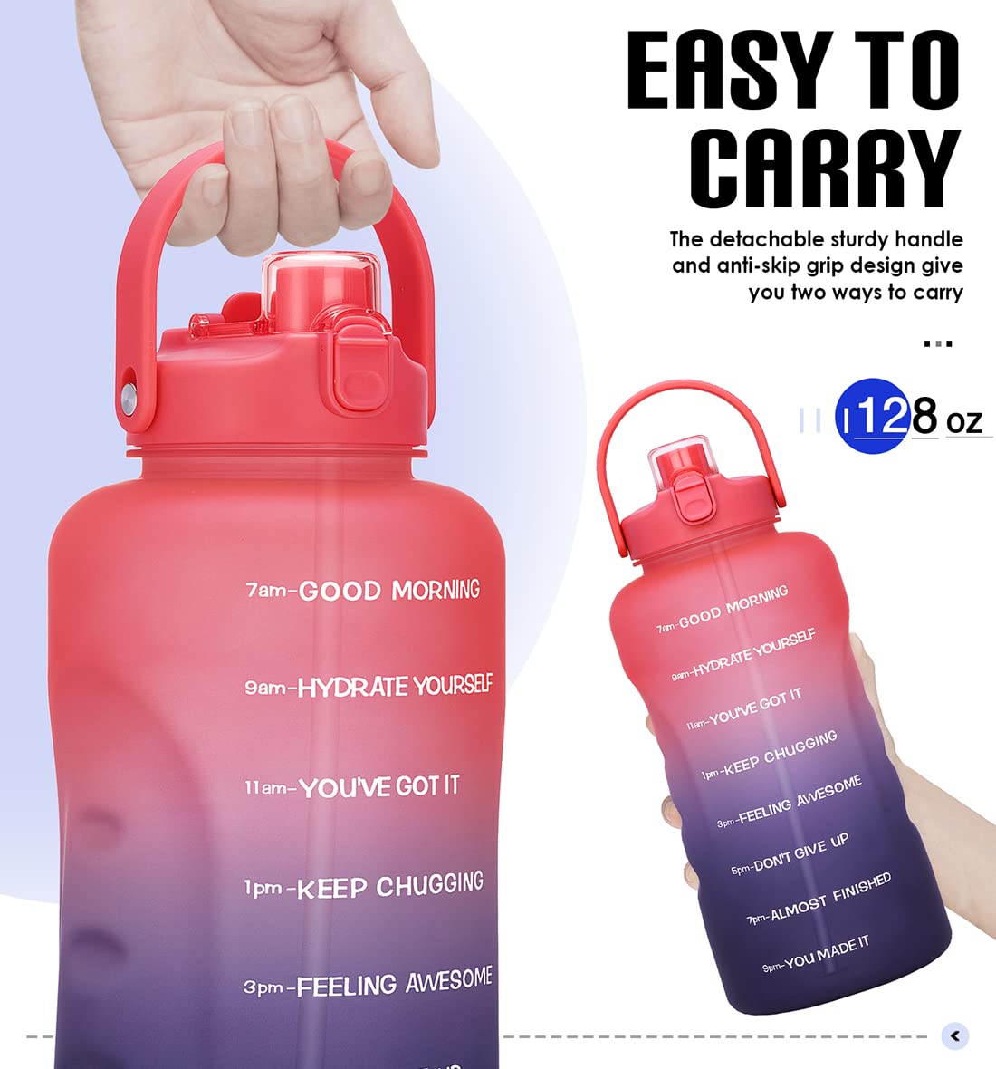 HydroPal 1 Gallon Water Bottles with Straw, 128 oz / 3.8L Water Bottle BPA Free Innovative 2-IN-1 Lid Gym Bottle with Times to Drink Motivational, Large for Sports Fitness Camping Water Jug One Gallon