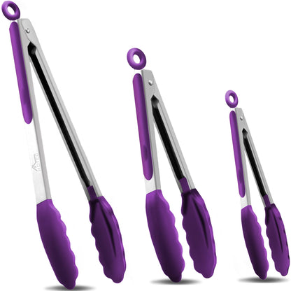 HOTEC Premium Stainless Steel Locking Kitchen Tongs with Silicon Tips, Set of 3-7", 9" and 12" (Purple)