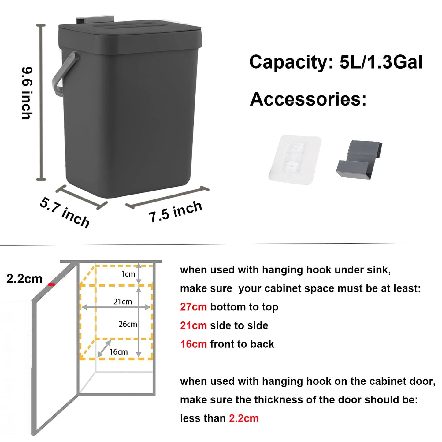 LALASTAR Countertop Compost Bin with Lid, Hanging Small Trash Can with Lid Under Sink for Kitchen, Food Waste Bin for Countertop, Mountable Garbage Can for Bathroom, RV, 5L/1.3 Gal, Black