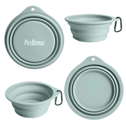 PetBonus 2-Pack Silicone Collapsible Dog Bowls, BPA Free Dishwasher Safe, Portable Foldable Expandable Travel Bowl, Food Water Feeding Cup Dish for Dogs Cats with 2 Carabiners (Turquoise, Tan)