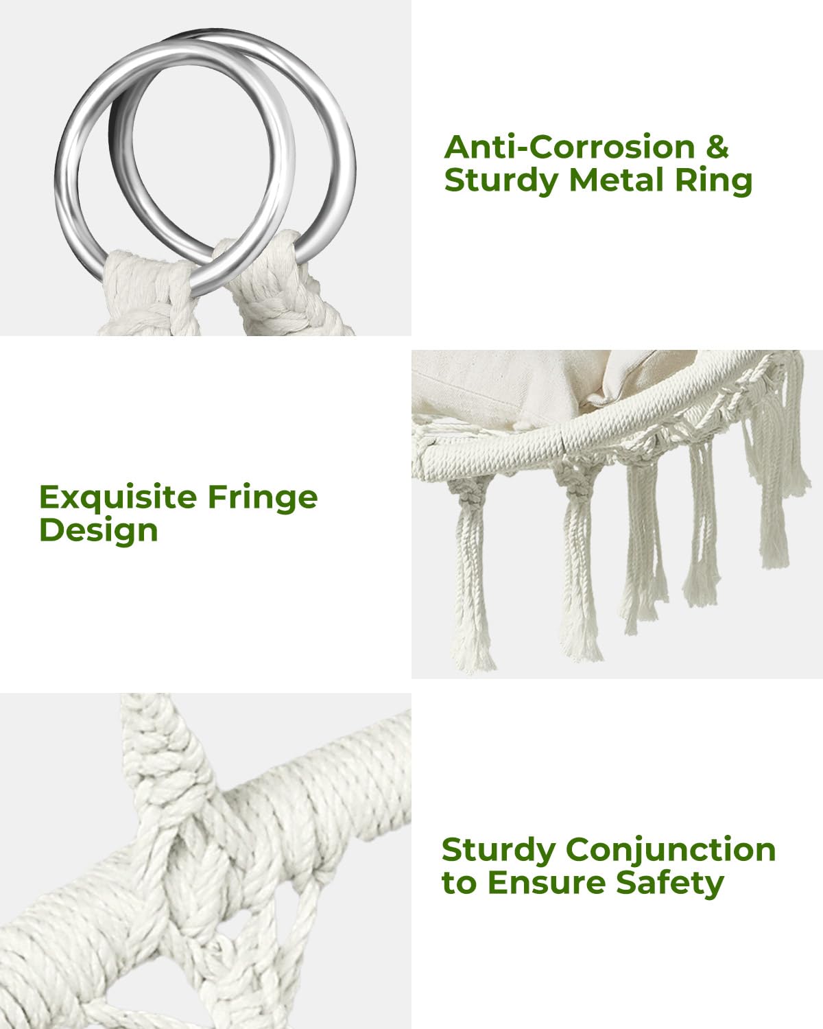 Greenstell Hammock Chair, Macrame Swing Chair with Comfy Cushion, Boho Hanging Chair for Outdoor & Indoor, Perfect for Bedroom, Patio, Balcony, Hold up to 330Lbs, White