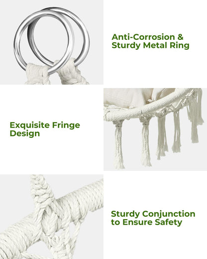 Greenstell Hammock Chair, Macrame Swing Chair with Comfy Cushion, Boho Hanging Chair for Outdoor & Indoor, Perfect for Bedroom, Patio, Balcony, Hold up to 330Lbs, White