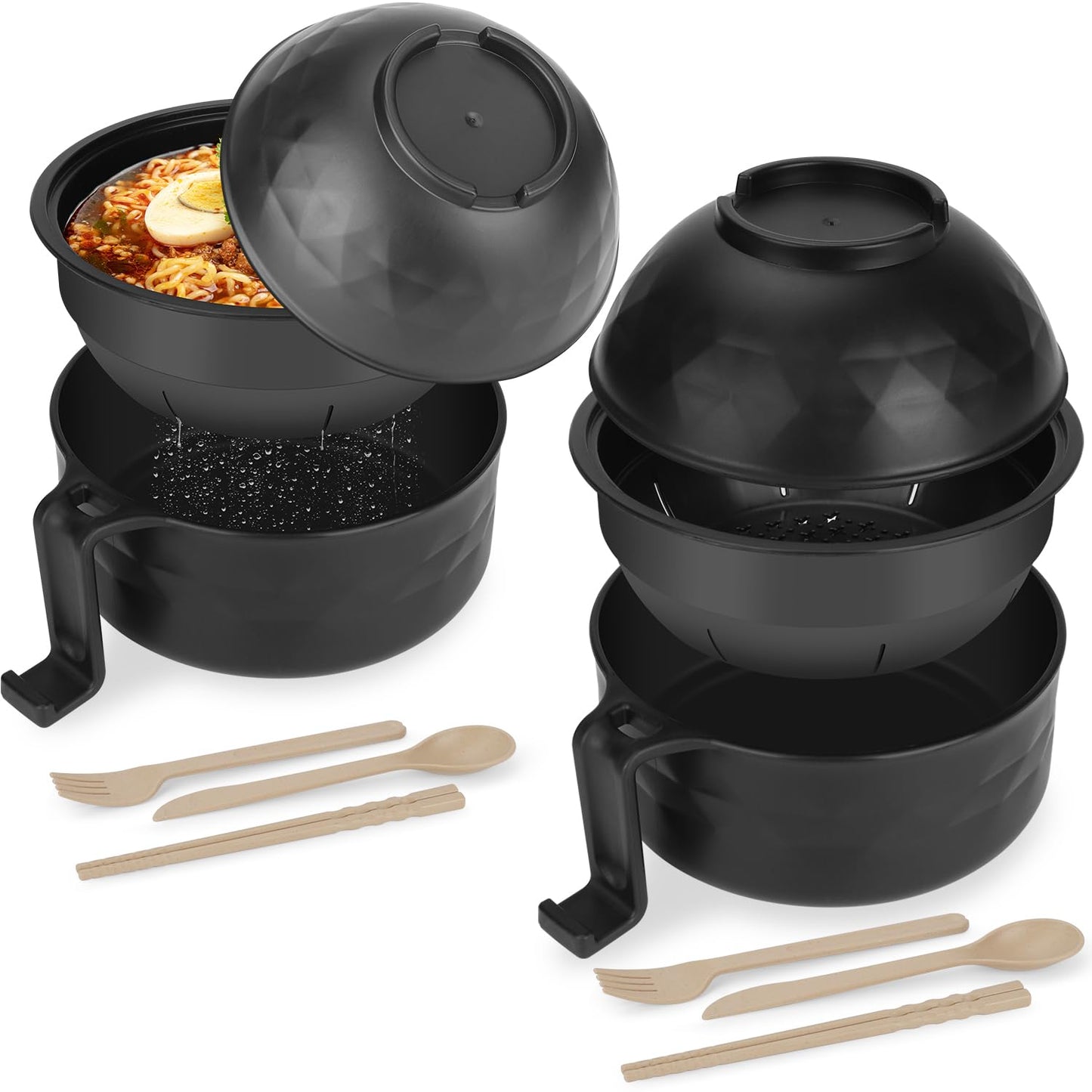 Ramen Bowl Set of 2, Ramen Cooker 33 oz, Ramen Bowls with Chopsticks and Spoon, Microwave Pasta Cooker, Ramen Bowl Microwave Gift College Dorm Essentials for Girls Guys (Black)