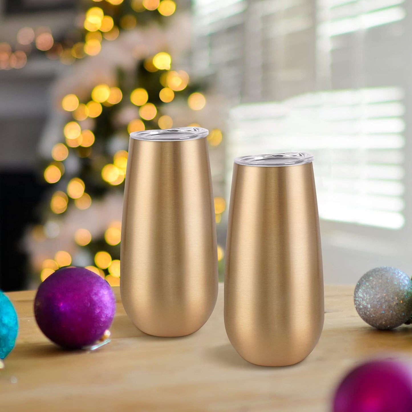 8 Pack Insulated Champagne Tumblers, Stemless Champagne Tumbler 6 Oz, Champagne Flutes Wine Tumbler, Unbreakable Cocktail Cups with Lid, Gift for Family Friends Christmas Birthday Wedding (Gold)