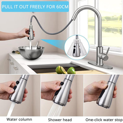 HPUFKOT Kitchen Faucet with Pull Down Sprayer Multitask Mode Single Handle High Arc Pull Out Kitchen Sink Faucet Offers Efficient Cleaning for RV (Silver)