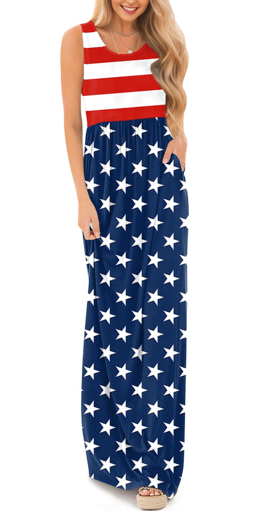 4th of July Stars and Stripes Sundress Patriotic Casual Sleeveless Maxi Dress American Flag M