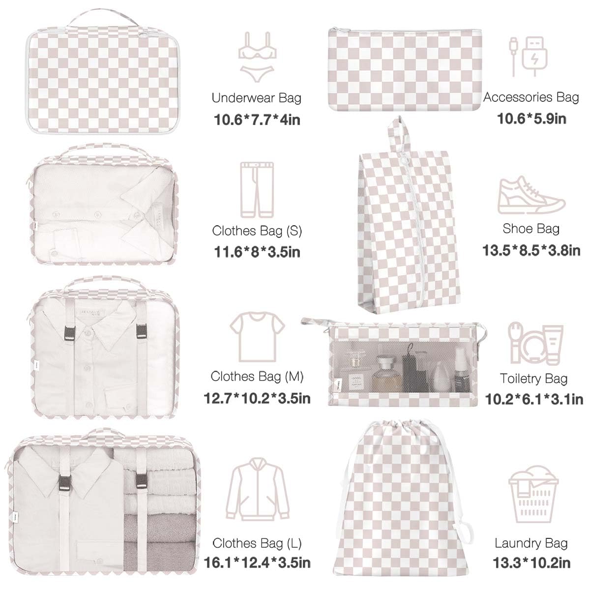 8 Set Packing Cubes for Suitcases, Packing Cubes with Shoe, Cosmetics, Clothing, Accessories Bags for Travel Luggage Organizer Women Men(Light Pink Checkered)