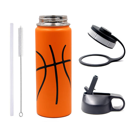 18 oz Basketball Water Bottle, Metal Travel Tumbler Sports Flask with 2 Lids, Stainless Steel Double Wall Vacuum Leakproof Insulated Water Bottles, Basketball Accessories Gifts for Boys Girls Player