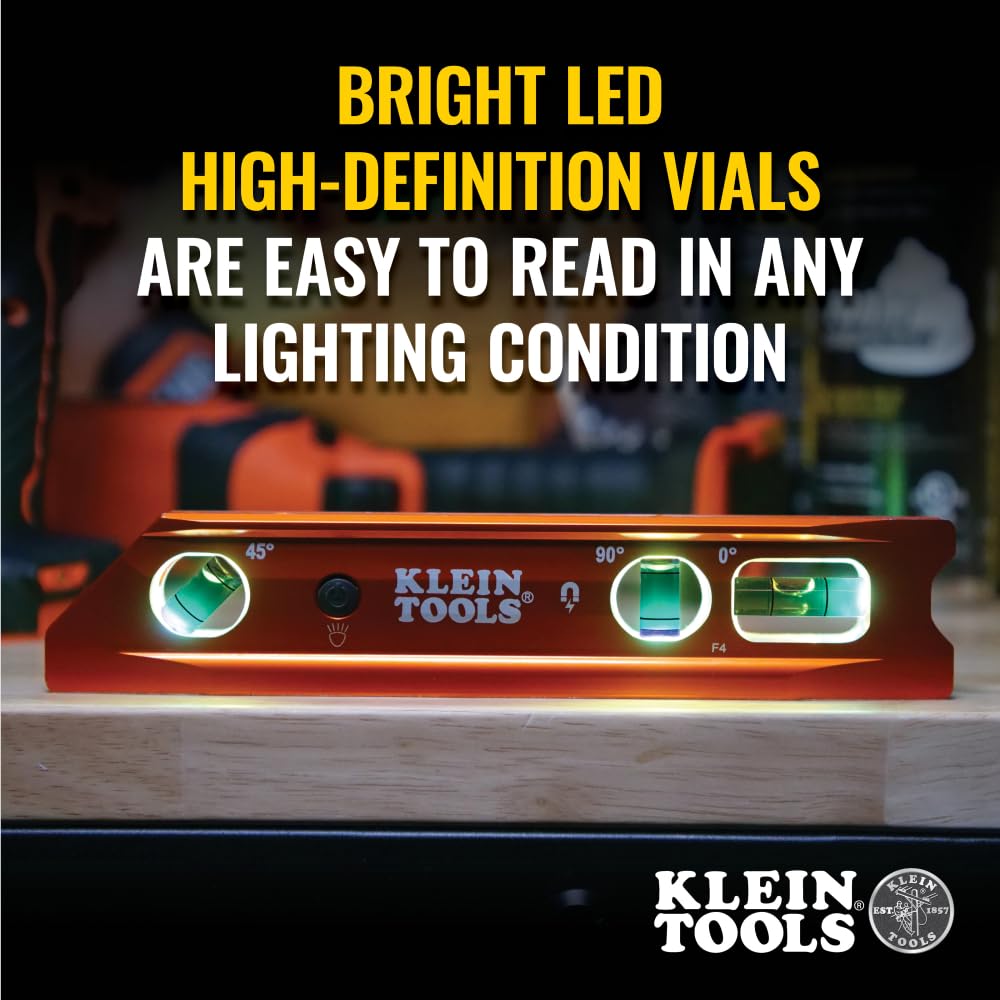 Klein Tools 935RBLT Level, 9-Inch Lighted Torpedo Level with Magnet, 0/45/90 Degree Vials and V-Groove, Water and Impact Resistant, High-Visibility