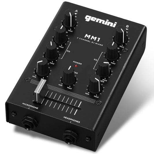 Gemini Portable 2-Channel DJ Mixer – Pocket-Sized Mini Audio Mixer with RCA, Mic & Headphone Jacks, Pro Crossfader & EQ – Compact Mixer for Beginners & Mobile DJs On-the-Go (MM1)