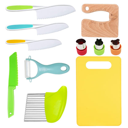RISICULIS 11 Pieces Wooden Kids Kitchen Knife, Kids Kitchen Set Include Wood Knife, Serrated Edges Plastic Toddler Knife, Crinkle Cutter, Sandwich Cutter, Y Peeler, Cutting Board