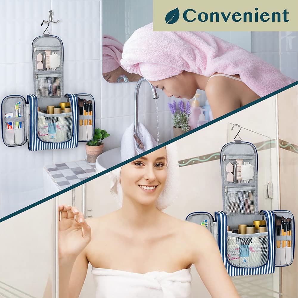 PAVILIA Toiletry Bag Travel Bag for Women Men, Hanging Cosmetic Organizer, Water Resistant Makeup Bag for Accessories Toiletries, Large Travel Essentials Kit (Stripe Navy)