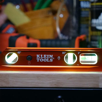 Klein Tools 935RBLT Level, 9-Inch Lighted Torpedo Level with Magnet, 0/45/90 Degree Vials and V-Groove, Water and Impact Resistant, High-Visibility