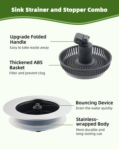 Hygie Rinse 3-in-1 Kitchen Sink Strainer Stopper, 2PCS Universal Pop Up Sink Drainer with Upgrade Folded Handle, for US Standard 3-1/2 inch Drain Filter, Chrome Stainless-wraped Shell, Anti-clog