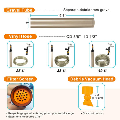 hygger Bucket-Free Aquarium Water Change Kit Fish Tank Auto Siphon Pump Gravel Cleaner Vacuum Tube with Long Hose Water Changer Maintenance Tool 49-FEET Plastic Fitting