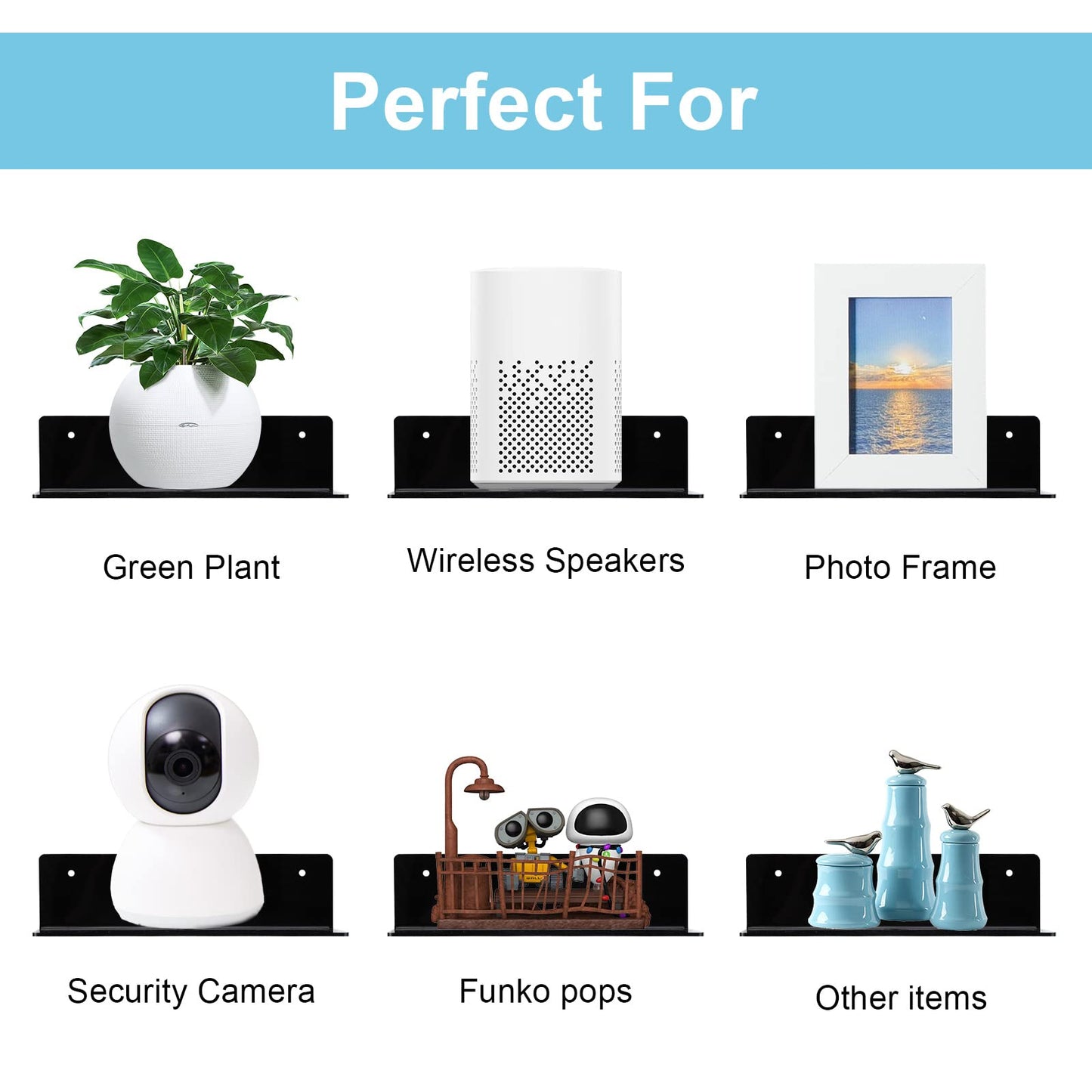 luium 9 Inch Acrylic Floating Shelf No Drill Adhesive Wall Shelf Set of 2 for Funko Pop Storage, Floating Shelves Damage-Free Expand Wall Space for Living Room, Bathroom, Gaming Room, Office - Black