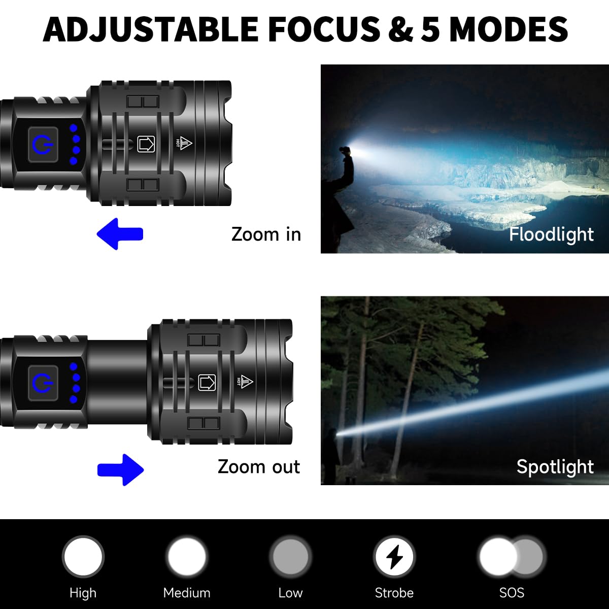 Rechargeable Flashlights High Lumens, Powerful Tactical Flashlights, 5 Modes LED Flashlight Adjustable, Brightest Flashlight Waterproof, Handheld Flash Light for Emergencies, Home, Camping, Hiking