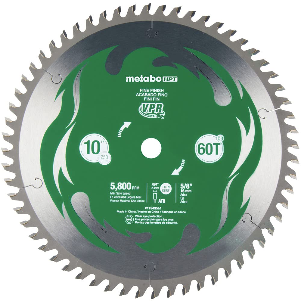 Metabo HPT 10-Inch Miter Saw/Table Saw Blade, 60T, Fine Finish, 5/8" Arbor, Large Micrograin Carbide Teeth, 5800 Max RPM, 115435M