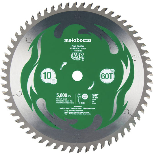 Metabo HPT 10-Inch Miter Saw/Table Saw Blade, 60T, Fine Finish, 5/8" Arbor, Large Micrograin Carbide Teeth, 5800 Max RPM, 115435M