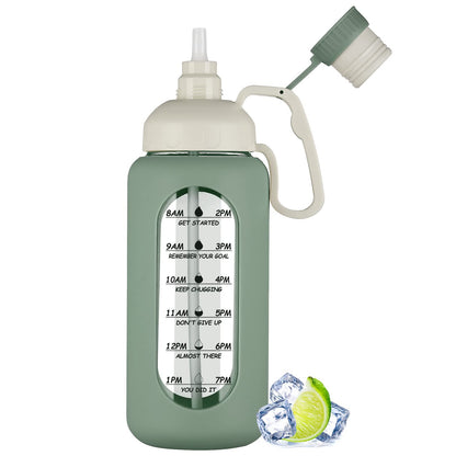 MUKOKO 64oz Glass Water Bottles with Straw, Half Gallon Water Jug with Time Marker, Sports Large Motivational Bottle with Silicone Sleeve, Olive