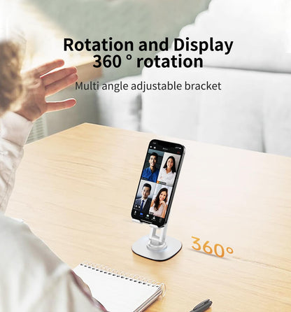 360° Degree Rotating Mobile Phone Holder,Fully Adjustable Foldable Desktop Phone Holder Stand Base,Foldable Desktop Cell Phone Stands for iPhone15 14 13 Pro Xr Xs Max X Plus iPad Samsung (K69-White)