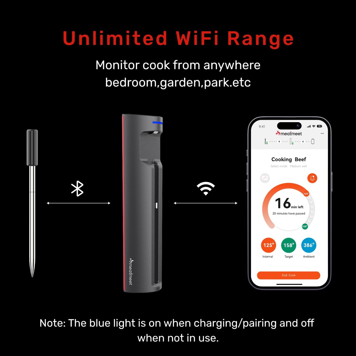 Meatmeet Pro Smart WiFi Wireless Meat Thermometer, Unlimited Range, Improved Stability, Ultra-Thin Probe, Bluetooth Digital Food Thermometer for Remote Monitoring of Oven/Kitchen/BBQ/Grill/Rotisserie