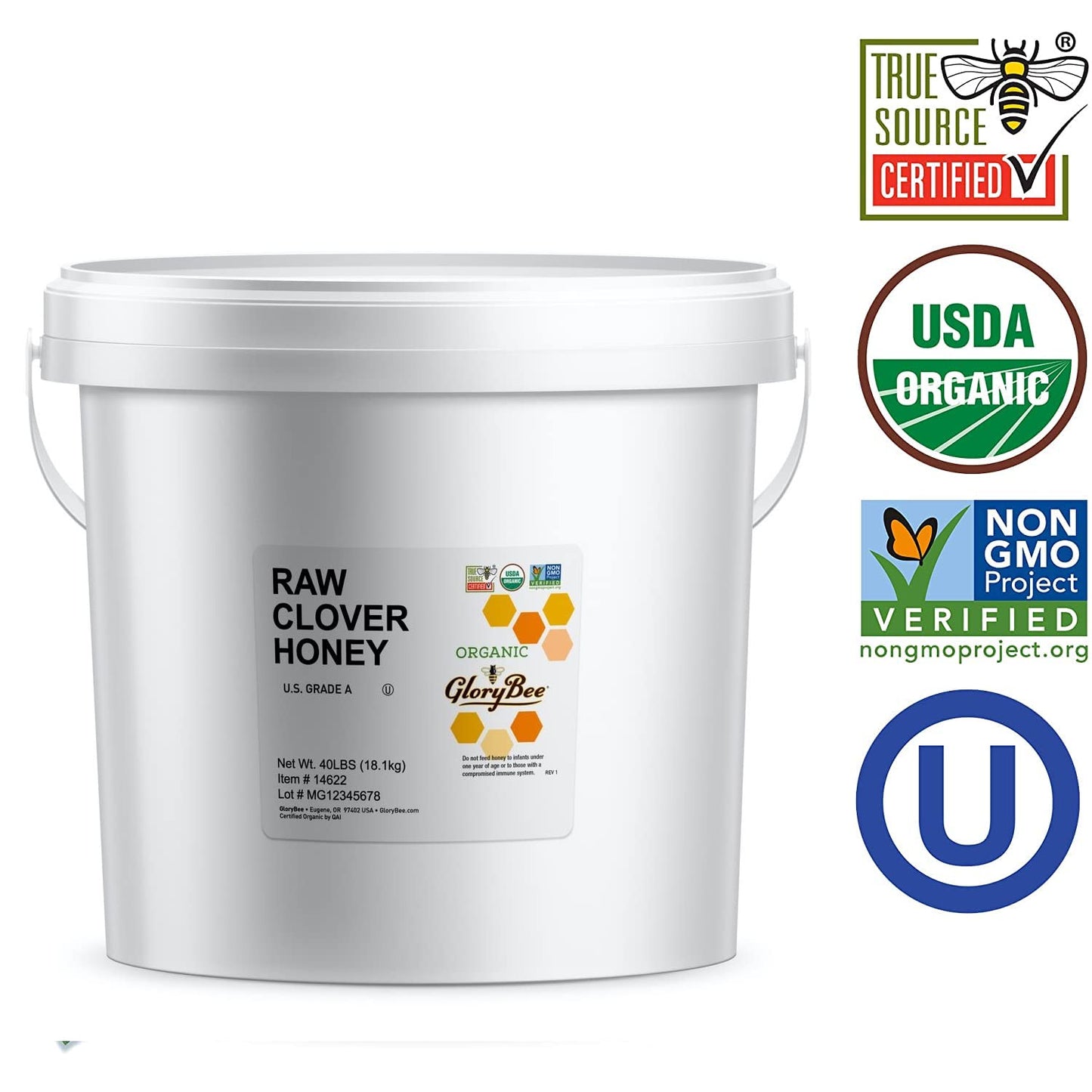 GloryBee Raw Honey, True Source Certified, USDA Organic, Organic Clover, 186.72 Ounce Bulk Pail