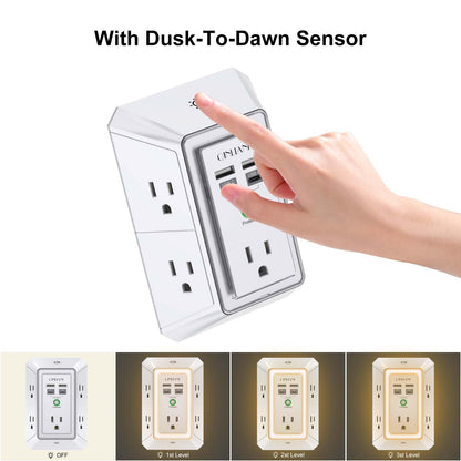 3-Sided Outlet Extender with Night Light - QINLIANF Multi Plug Outlet with 5 Outlets and 4 USB Ports(2 USB-C), USB Wall Charger for Home, Office, Travel, ETL Listed, White