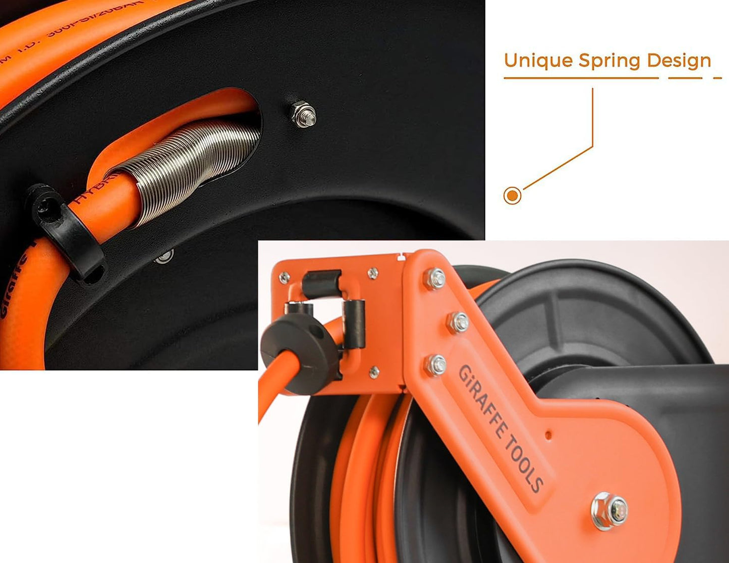 Giraffe Tools TA15BPLUS Retractable Air Hose Reel with Swivel Bracket 3/8" x 50 ft Hybrid Hose, Ceiling/Wall Mounted Heavy Duty Industrial Air Compressor Hose Reel, 300PSI, 50ft