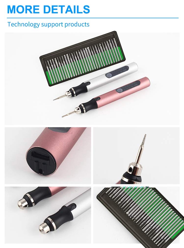 Rechargeable cordless Electric Micro Engraver Pen Mini DIY Engraving Tool Kit for Metal Glass Ceramic Plastic Wood Jewelry with 30 Bits and 16 Stencils and 1 Scriber Pen (Rose gold)