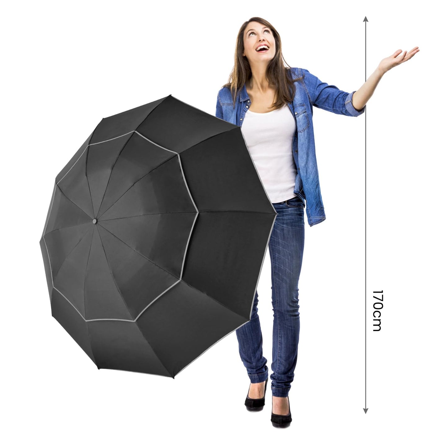 G4Free 62 Inch Windproof Inverted Umbrella with Reflective Stripe Large Compact Reverse Golf Umbrella for Rain 10 Ribs Double Canopy Travel Umbrella Automatic Open Close (Black)