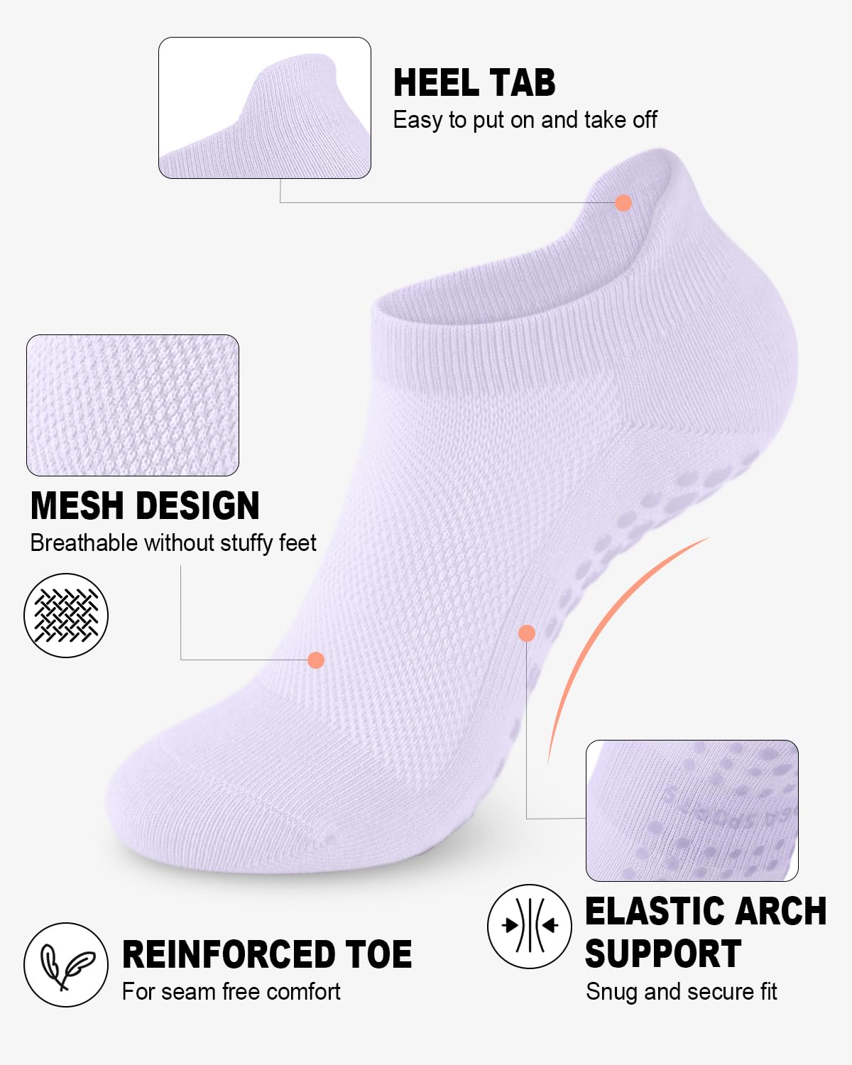 Pilates Socks with Grips for Women, Ankle Yoga Socks for Ballet Barefoot Workout Athletic Socks