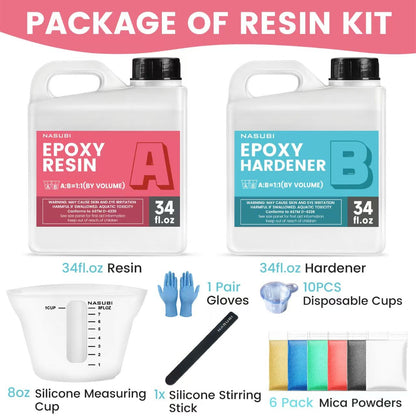 NASUBI Epoxy Resin Kit - 68OZ Crystal Clear Resin for Crafts, Mold, Wood, Jewelry Making, Art Casting Resin for Art, NO Bubble, 2 Part Clear Epoxy with Silicone Cups, Sticks, Pigment