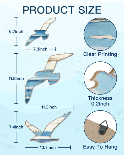 Putuo Decor 3pcs Seagull Wall Hanging, Nautical Wall Decor Sea Bird Wooden Art, Seagulls Decor for Beach Room Decor Lake House Bathroom Beach Art Decor Nautical Wall Decal Nursery