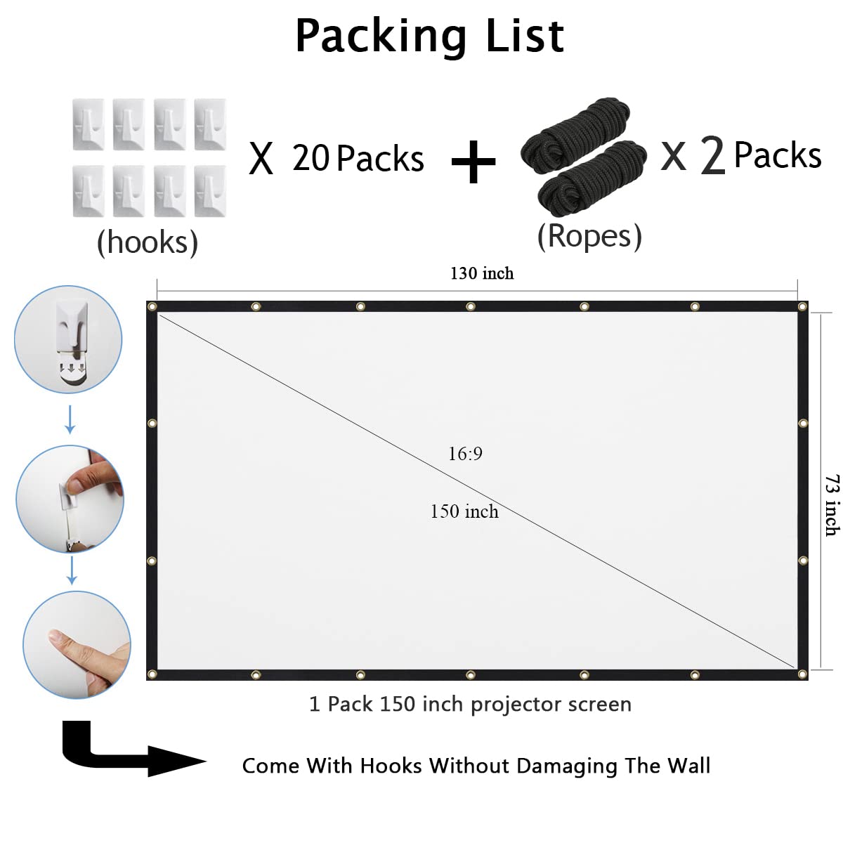 Mdbebbron 150 inch Projection Screen 16:9 Foldable Anti-Crease Portable Projector Movies Screen for Office Home Theater Outdoor Indoor Support Double Sided Projection