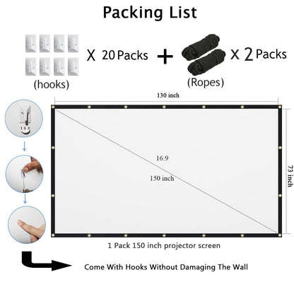 Mdbebbron 150 inch Projection Screen 16:9 Foldable Anti-Crease Portable Projector Movies Screen for Office Home Theater Outdoor Indoor Support Double Sided Projection