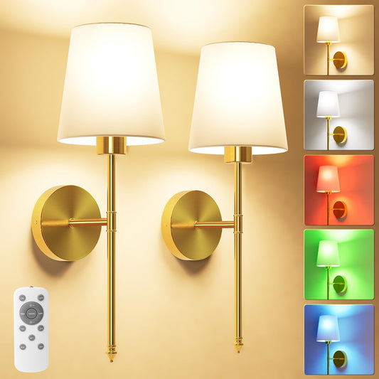 JOFIOS Battery Operated Wall Sconce Set of 2,Gold Wireless Wall Sconce with 5200mAh Dimmable Detachable Bulbs and Remote, 10 Colors Rechargeable Sconces Decor for Bedroom Living Room Hallway