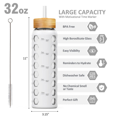 MUKOKO 32oz Glass Water Bottles with 2 Lids-Handle Spout Lid&Bamboo Straw Lid, Motivational Water Tumbler with Time Marker Reminder and Silicone Sleeve, Leakproof-White-1 Pack
