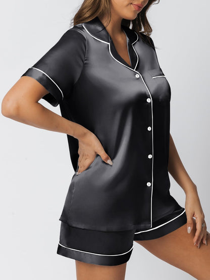 LILLUSORY Silk Satin Pajama Set for Women 2 Piece Lounge Pjs Shorts Matching Summer Sleepwear Button Down Shirt Shorts Black XS