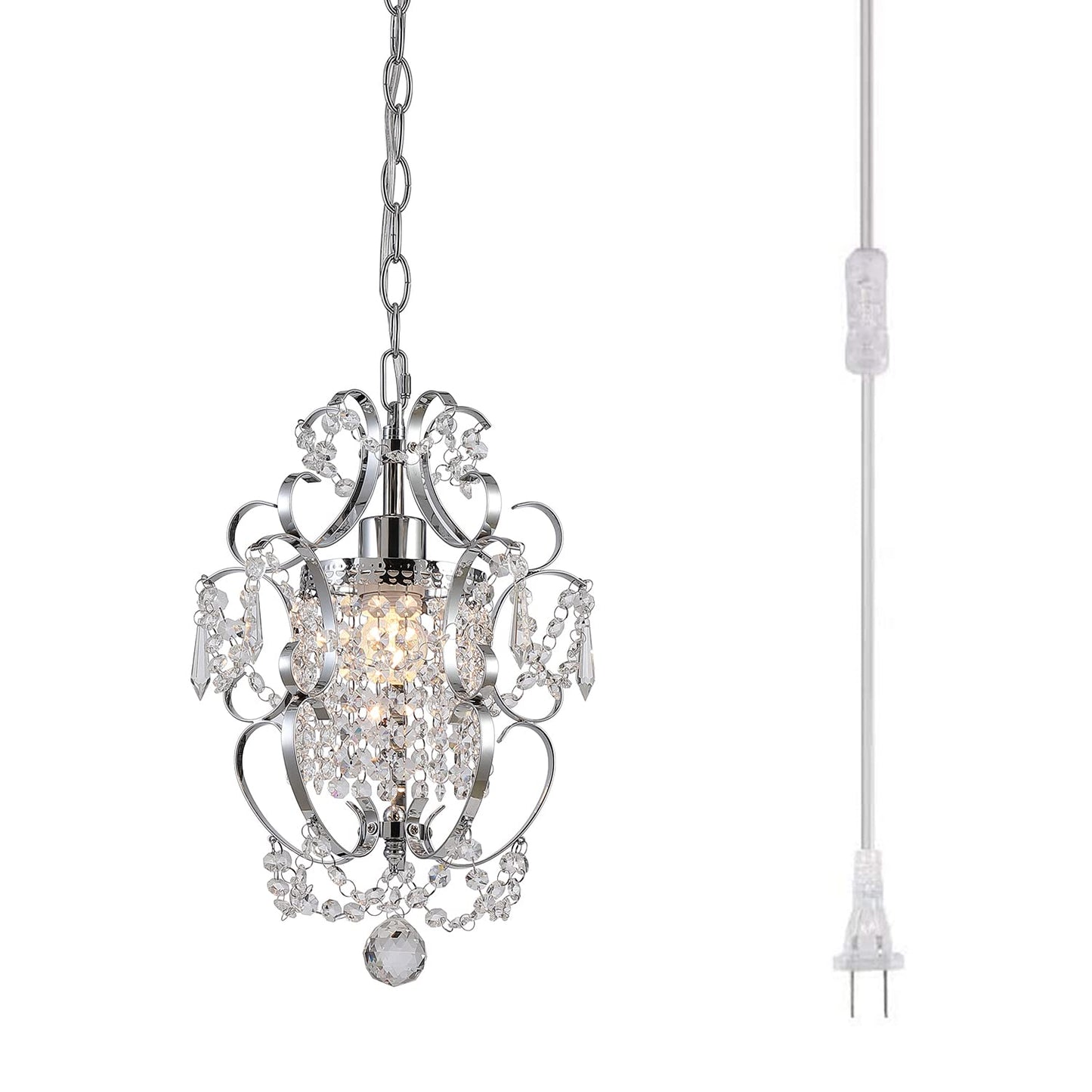 riomasee Plug in Chandelier Hanging Light Fixture with 14.27 Ft Hanging Cord and On/Off Switch,Mini Chrome Crystal Chandelier Light Fixture for Bedroom,Girls Room,Bathroom