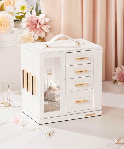 Homde Jewelry Box 360° Rotating, Necklace Earring Organizer with Transparent Window, Mirror, 7 Drawers, Large Ring Display Storage Case for Girls Women (White)