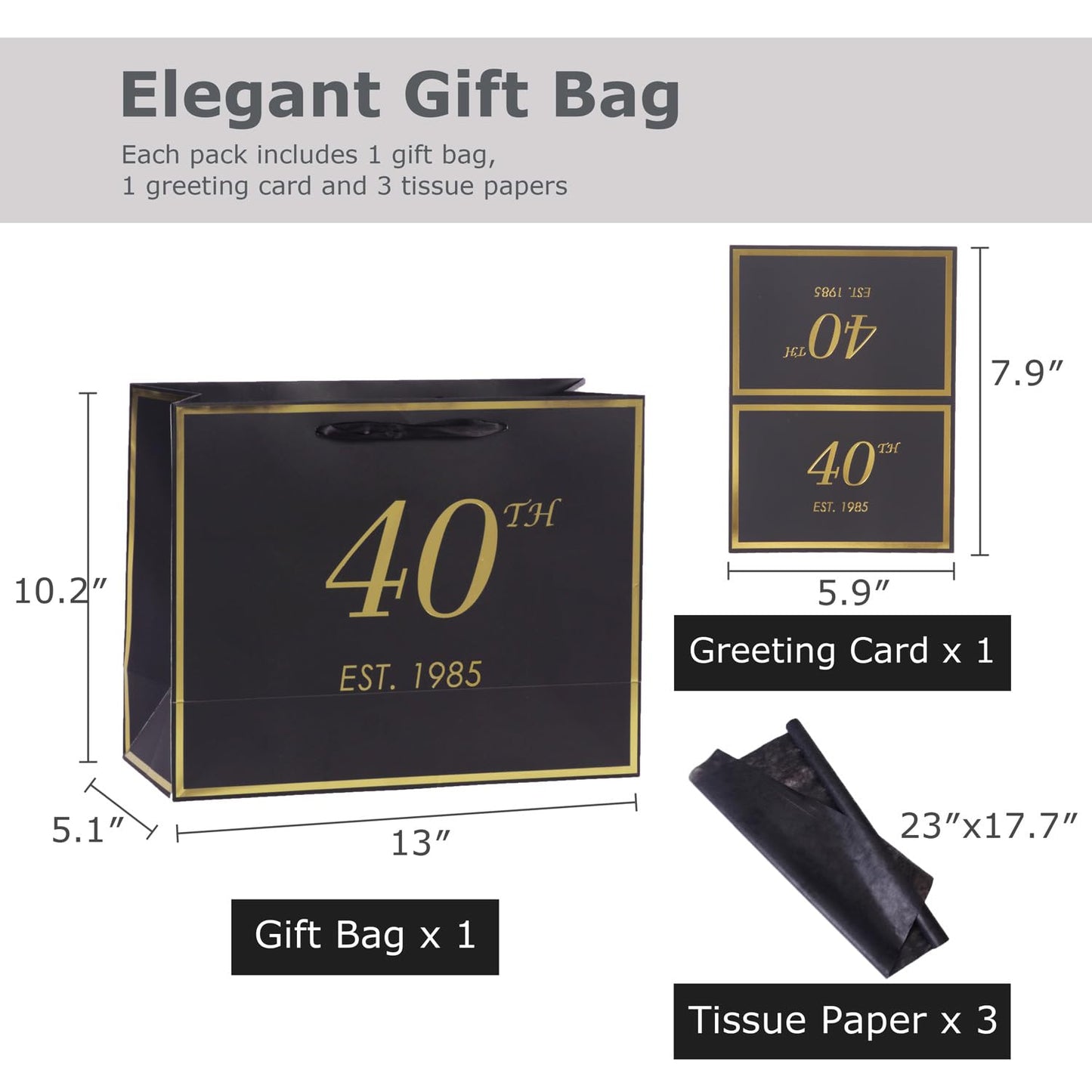 momoake 40th Birthday Gift Bag with Card and Tissue Paper for Men Women, 1985 40 Year Old 13" Elegant Black Gold Anniversary Keepsake Party Present Shopping Paper Bags for Gifts Wrapping (1985 40th)