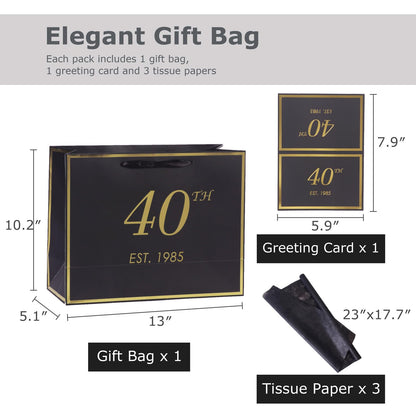 momoake 40th Birthday Gift Bag with Card and Tissue Paper for Men Women, 1985 40 Year Old 13" Elegant Black Gold Anniversary Keepsake Party Present Shopping Paper Bags for Gifts Wrapping (1985 40th)