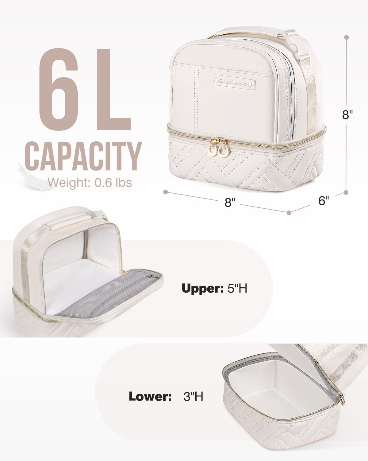 GLORIEROO Lunch Box Bag Women Girls - Double Deck Vegan Leather Insulated Waterproof Leakproof Cooler for Work Travel Picnics - Back to School Teacher Mothers Day Christmas Birthday Gifts