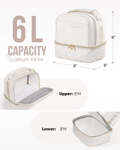 GLORIEROO Lunch Box Bag Women Girls - Double Deck Vegan Leather Insulated Waterproof Leakproof Cooler for Work Travel Picnics - Back to School Teacher Mothers Day Christmas Birthday Gifts