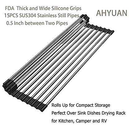 Ahyuan Roll up Dish Drying Rack Over The Sink Kitchen Roll up Sink Drying Rack Stainless Still Portable Drainer Foldable Dish Rack (Black, 17.8''X11.8'')