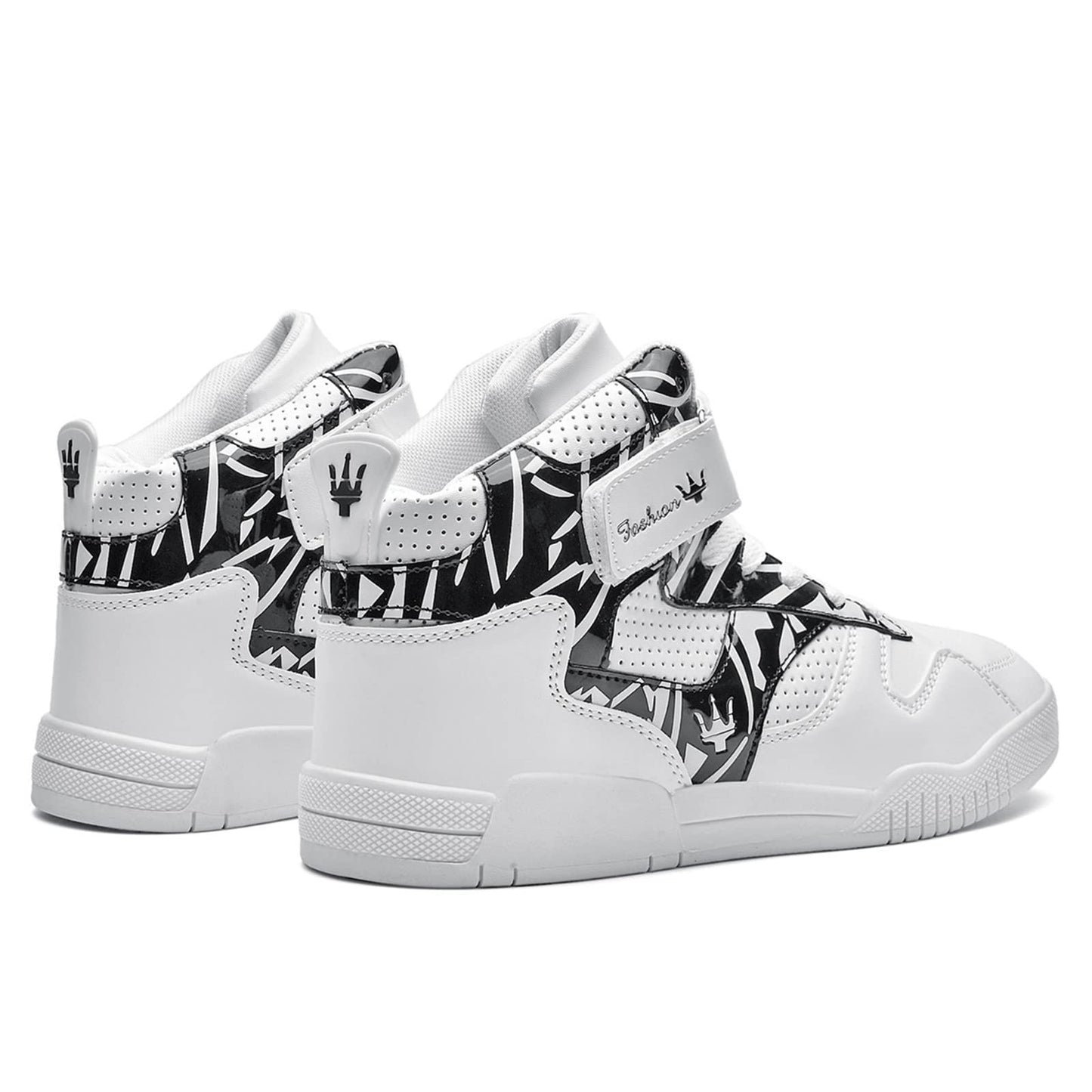 FZUU Men's Fashion High Top Leather Street Sneakers Sports Casual Shoes (8.5, White/Black, Numeric_8_Point_5)