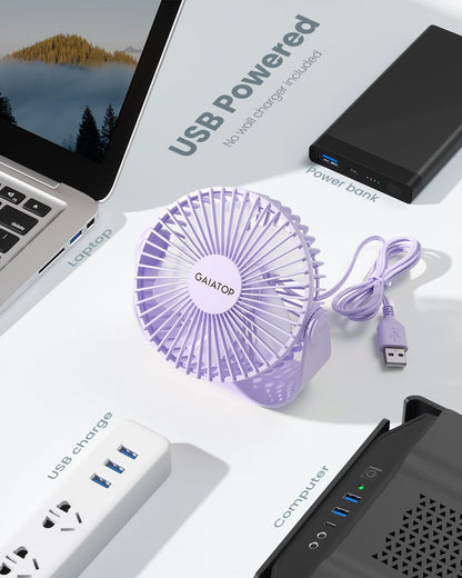Gaiatop USB Desk Fan, 3 Speeds Strong Airflow, 5.5 Inch Portable 90° Rotate Quiet Cooling, Small Personal Table Fans for Bedroom Home Office Travel Purple